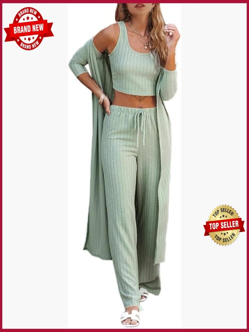 3 Pc Lounge Set Crop Top Wide Leg Pants Kimono Cardigan Loungewear PJ Set